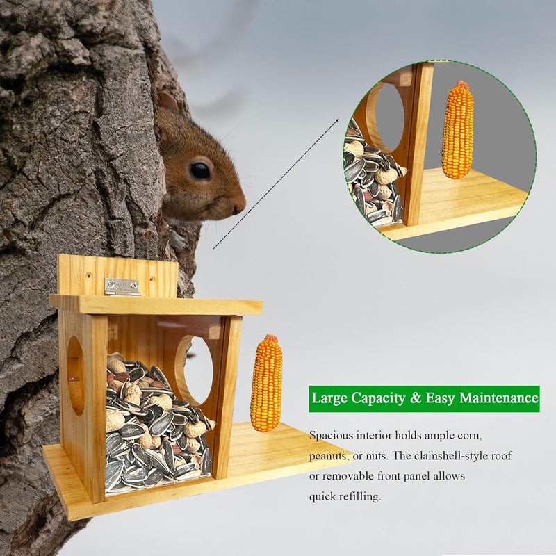 LENEDI Wooden Squirrel Feeder for Outside, Durable Chipmunk House Box Corn Holders for Peanuts, Top Lid Opens for Easy Filling & Clean with Removable Front Panel, Weatherproof - Image 5